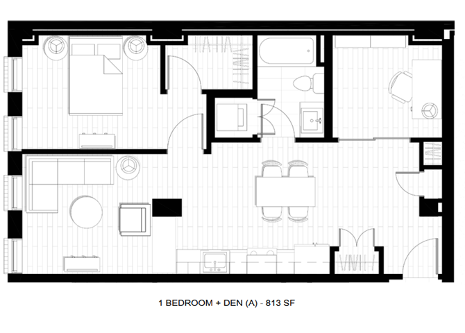 Floor plan for 1 bed, 1 bath, 813 sqft